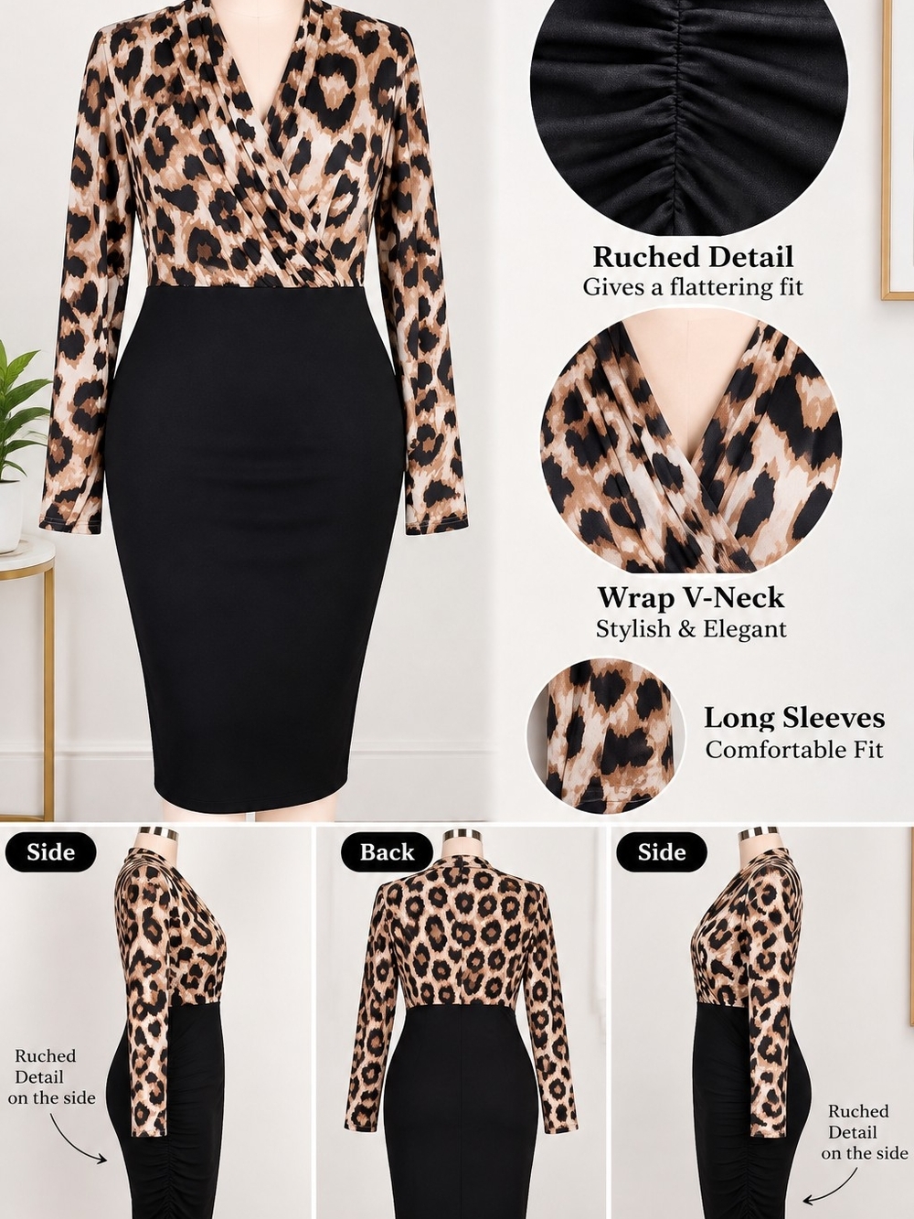 SHEIN Leopard Print Wrap V-Neck Pencil Dress - Black & Tan Size 3XL